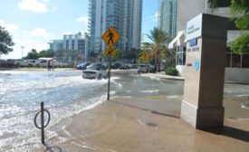 潮汐洪水淹没迈阿密市中心的一条街道