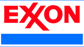 埃克森美孚徽标，带有红色字母和白色背景的“ exxon”，上方是蓝色的水平杆