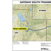 Map showing path of the Gateway South Transmission Project from from Utah, through Colorado to Wyoming