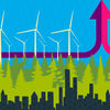 插图显示城市天际线,树木之外,一排风力涡轮机。两个横线,一个粉色,一个紫色,在中间形成一个箭头指向上。