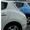 显示了一排电动汽车的后部，蓝色和白色交替。