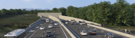 梅西隧道的渲染图显示汽车在多车道道路上行驶，中间的混凝土屏障隔开了方向。背景是蓝天、山顶和树木。